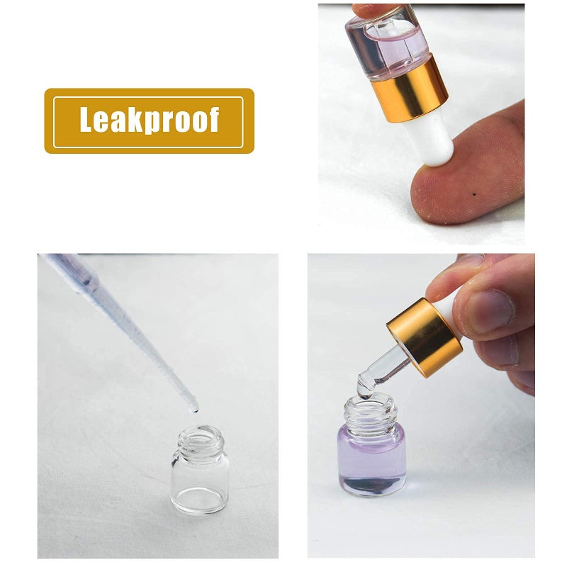 Easeen Sample Dropper Bottles, Mini Dropper Bottles with 2 Pcs Plastic Droppers for Traveling Essential Oils DIY Cosmetic Liquid Sample Perfume (Gold, 1ML) - Image 3